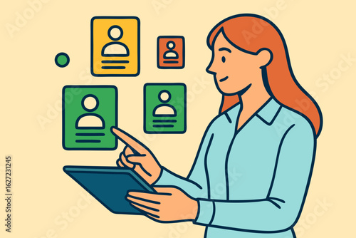 Vector illustration of a woman using a digital tablet to interact with virtual user profiles, representing online recruitment. Concept of HR technology, candidate selection and digital networking
