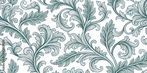 Elegant teal damask pattern with intricate floral swirls and delicate leaf details