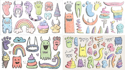Quirky colorful monster doodles with eyes, claws, rainbows, and ice cream in a fun and spooky style perfect for kids’ Halloween or creative decorations.

