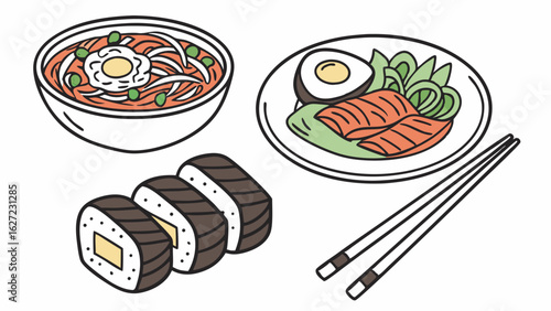 Korean food assortment with noodles sushi and salmon kimchi bibimbap