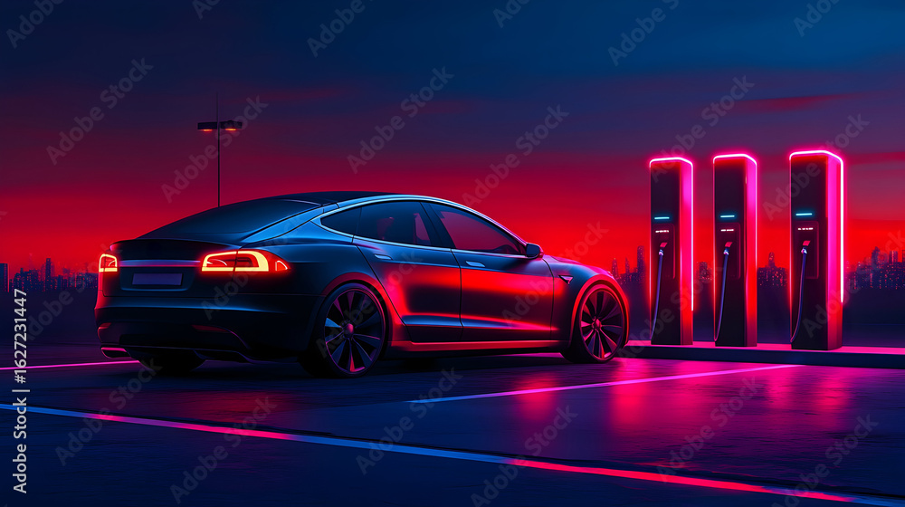 Charging station during nighttime. Electric car charging at a futuristic station during a vibrant sunset with city skyline in background Charging station during nighttime. Electric car charging at a futuristic station during a vibrant sunset with city skyline in background