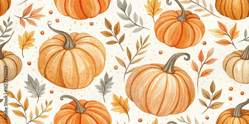Vibrant watercolor pumpkins and autumn leaves create a warm, festive harvest pattern perfect for seasonal decor