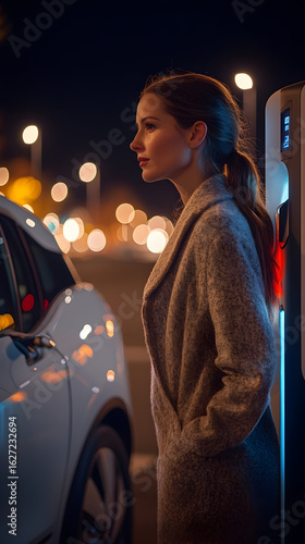 Charging station during nighttime. Woman charging electric vehicle at night, illuminated city background with glowing lights