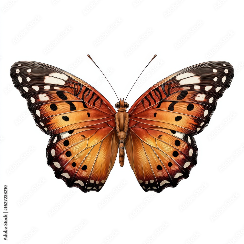 Fototapeta premium Beautiful orange and black butterfly with intricate wing patterns isolated on white background