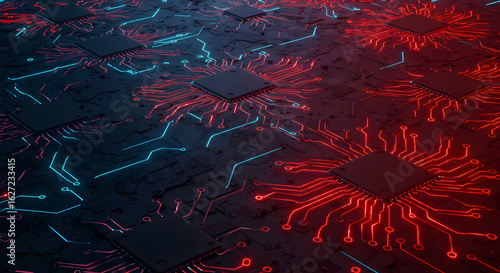 Wallpaper Mural Advanced central processing units with glowing red and blue circuits symbolizing a cyber conflict on a futuristic motherboard. Torontodigital.ca