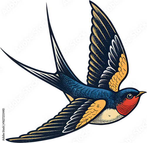 The vintage-inspired swallow illustration offers a timeless, professional look for diverse creative projects.