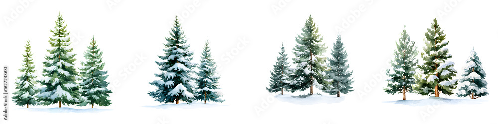 Obraz premium Watercolor Christmas Trees Set - Winter Holiday Illustration on White