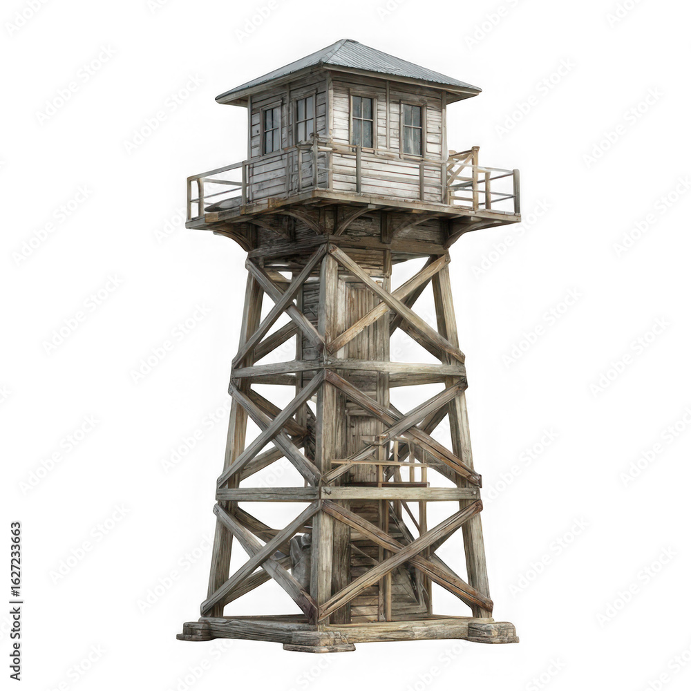 An old wooden lookout tower stands tall against the sky, a rustic sentinel of a bygone era isolated on transparent background An old wooden lookout tower stands tall against the sky, a rustic sentinel of a bygone era isolated on transparent background