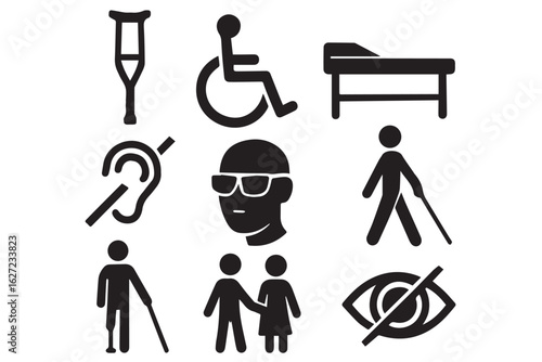Disability iconography wall showing symbols for various disabilities and assistive devices, wheelchairs, crutches, hearing aids, blind guides, and prosthetics, promoting accessibility and inclusion