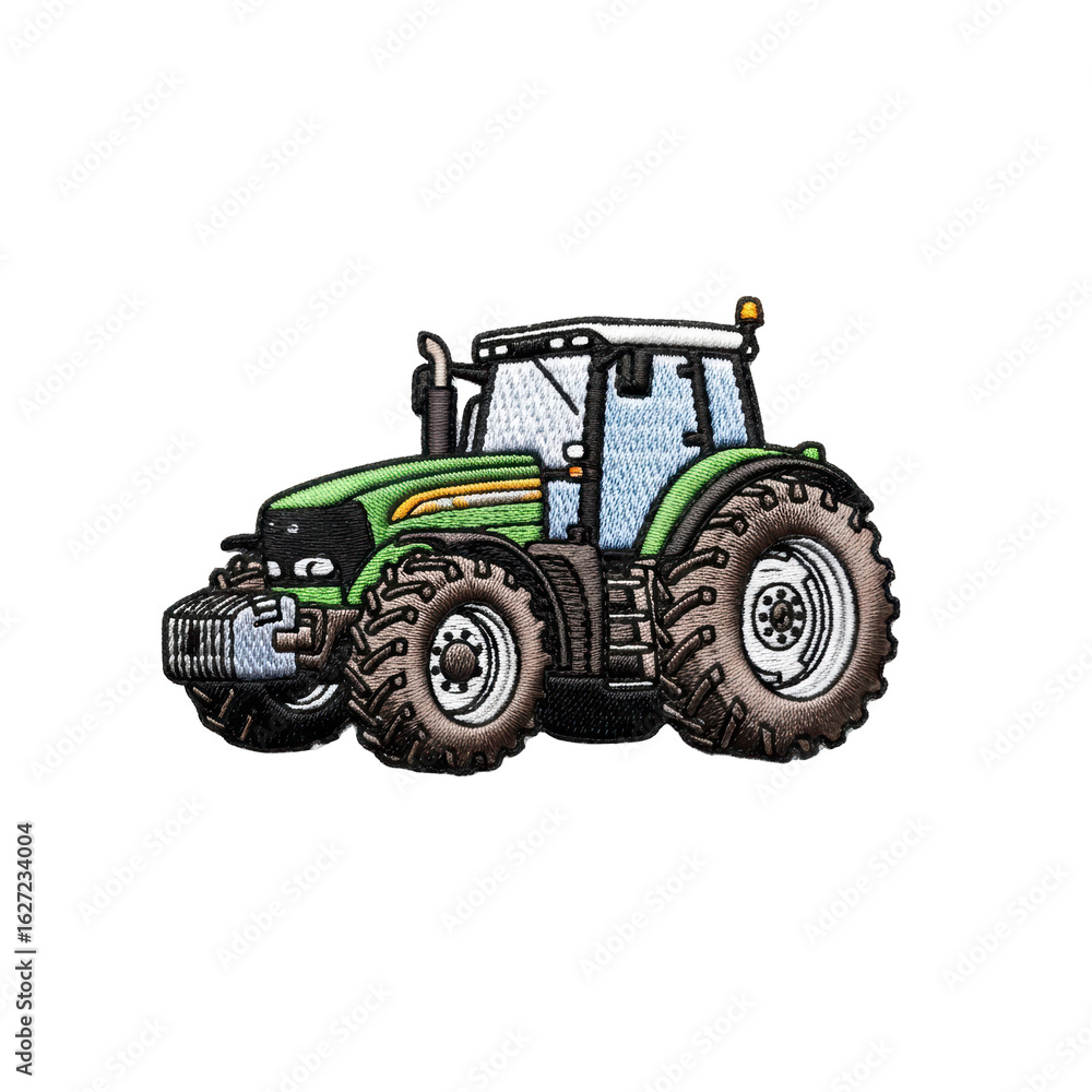 Obraz premium A vibrant green farm tractor depicted in an embroidery style, suitable for designs related to agriculture, farming, and rural life.