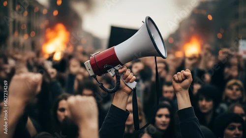 Image of a crowd with raised fists and a megaphone the composition presents a scene of collective action that could be used to represent activism civil rights and social movements in a public setting