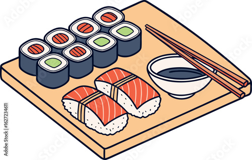Isometric illustration of salmon nigiri and maki rolls with soy sauce and chopsticks on a wooden board