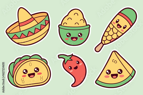 Kawaii Mexican food and objects with happy faces cute