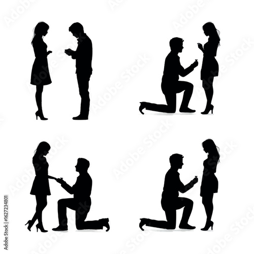 vector illustration of couple getting engaged silhouette set, Black & White silhouette set 