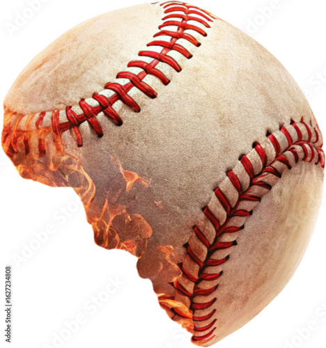 Dynamic baseball ignites with fiery passion, symbolizing intense athletic performance and competitive spirit