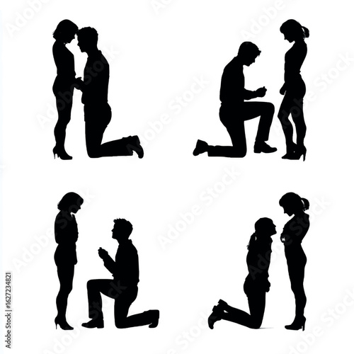 vector illustration of couple getting engaged silhouette set, Black & White silhouette set 