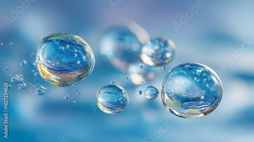 Soap-bubble style water spheres in clean blue fluid, wellness vibe
