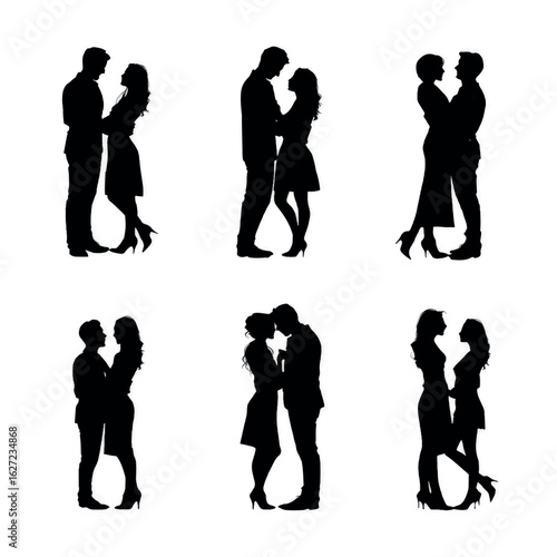 vector illustration of couple getting engaged silhouette set, Black & White silhouette set 