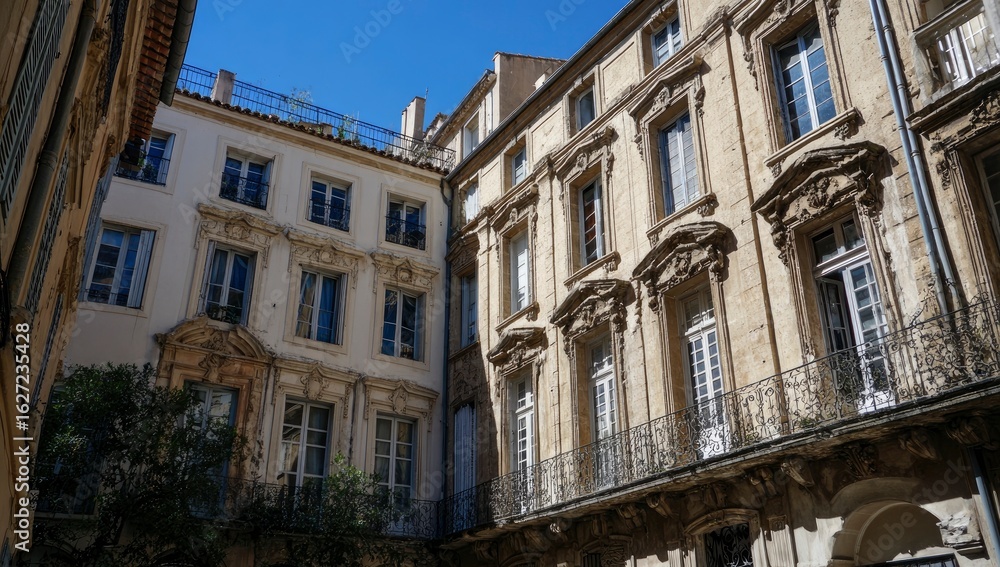 Fototapeta premium Buildings in French city courtyard, sunny day, blue sky background, use for architecture