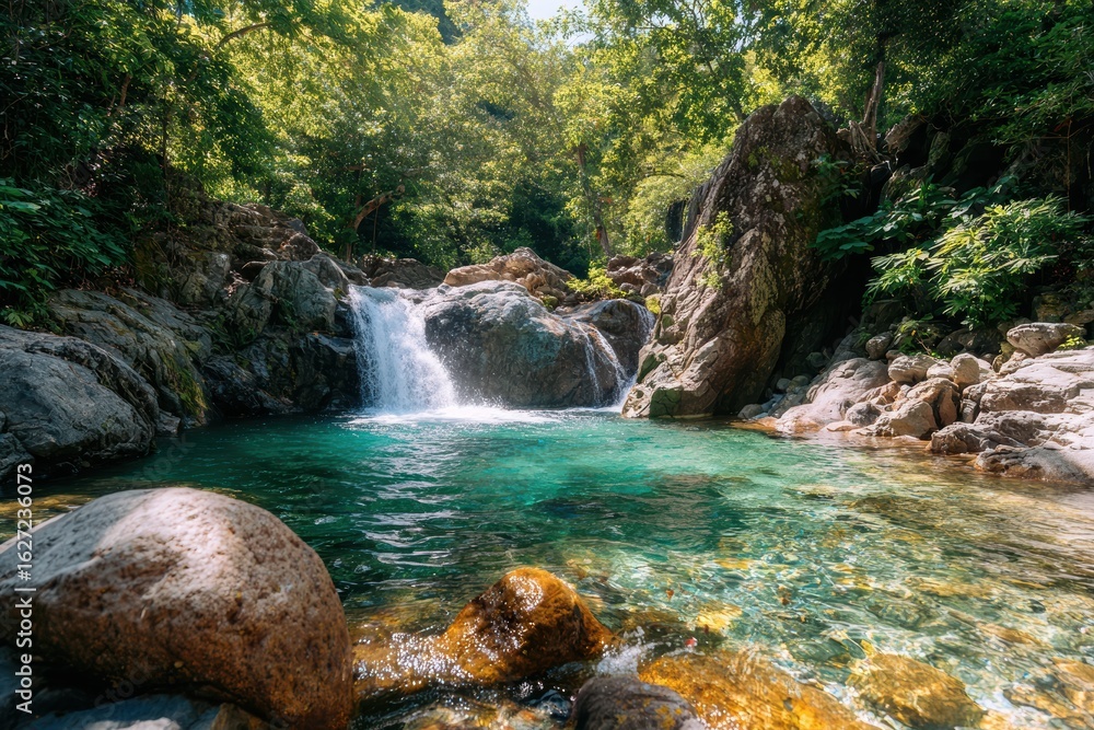 Naklejka premium Serene and Tranquil Waterfall Surrounded by Lush Green Forest and Clear Blue Pool, Perfect Nature Retreat in a Hidden Paradise