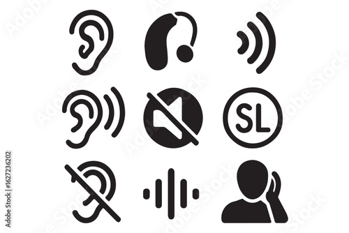 A grid of sound related icons, including symbols for hearing aids, volume adjustments, sound waves, and ear icons, illustrating various aspects of sound perception and hearing technology