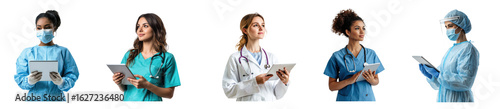 Medical professional holding tablet while looking away front view isolate on transparent background