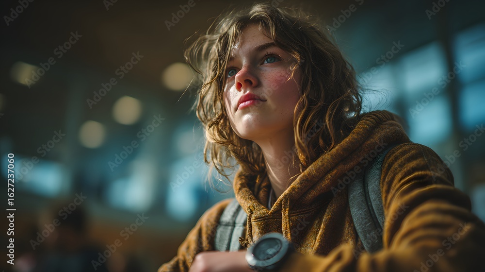 Fototapeta premium Lost in thought young woman with curly hair contemplates future in bright sunny waiting area