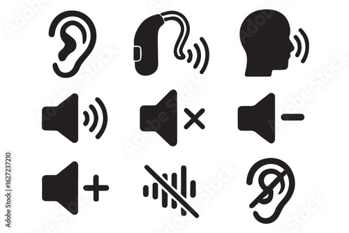 Sound symbols grid featuring icons for hearing aids, sound waves, volume control, mute options, and hearing loss, representing auditory health and sound communication