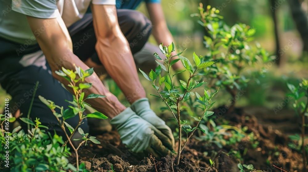 Fototapeta premium Planting saplings with gloved hands for reforestation and conservation