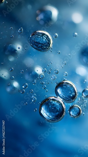 Pure water bubbles suspended in blue liquid, ultra-clean and soft