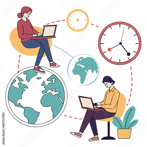 Diverse people working remotely around the globe with clocks indicating different time zones and connection lines