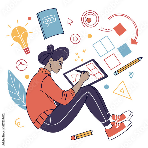 Creative artist drawing on digital tablet surrounded by design elements and symbols of inspiration
