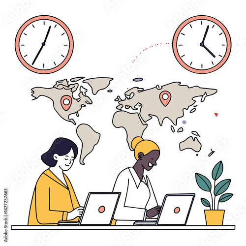 Diverse team members collaborating remotely across different time zones using laptops with a world map background