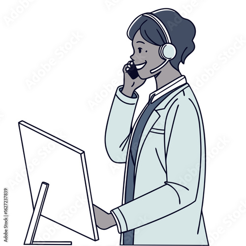 Smiling person wearing a headset and suit jacket answers phone call while looking at a computer screen
