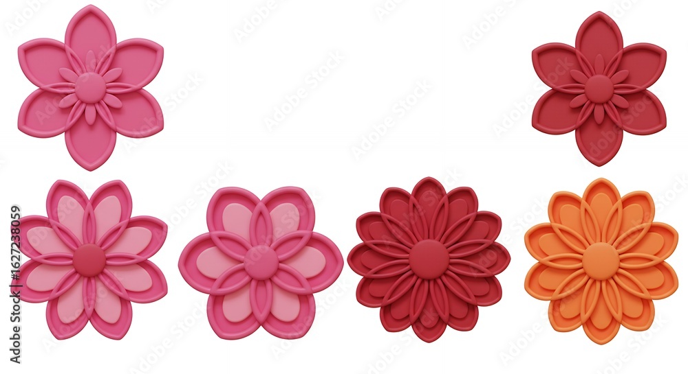Stylized floral arrangement in various shades of pink red and orange on white background Stylized floral arrangement in various shades of pink red and orange on white background