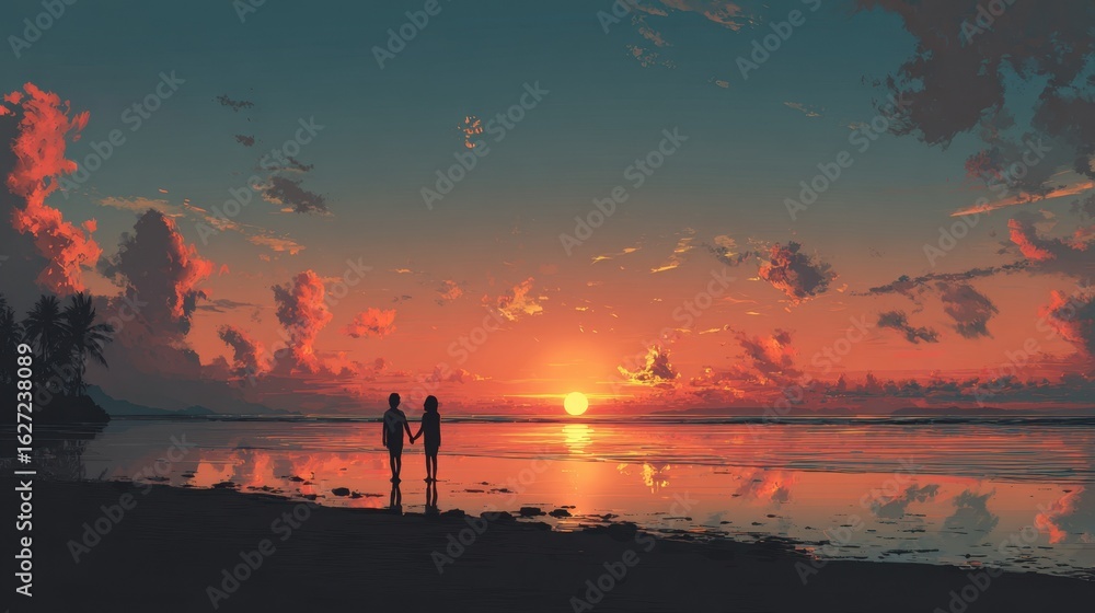 Fototapeta premium Romantic Sunset Over Calm Ocean with Loving Couple Holding Hands Silhouetted Against Vivid Colors of Dusk Reflected on Water’s Surface