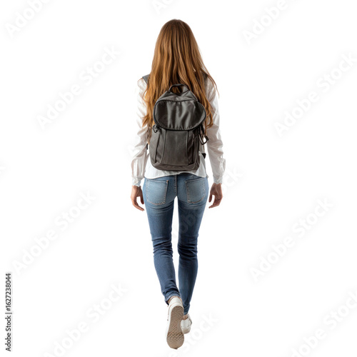 Young woman student walking to school, full length back view isolate on transparent background