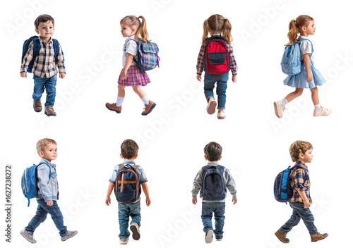 Young little girl student walking to school, full length back view isolate on transparent background