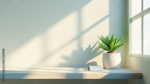 Sleek Minimalist Office Desk with Plant and Sunlight