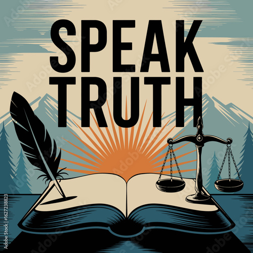 Speak truth with a quill pen an open book scales of justice and a rising sun behind mountains symbolizing freedom and knowledge