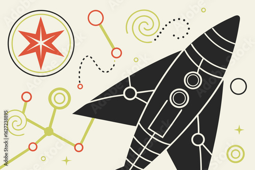 Vector art of retro rocket soaring through space a vintage inspired design with stars planets and cosmic elements for a nostalgic journey