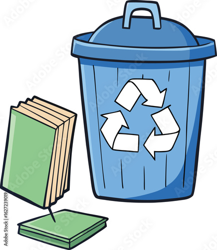 Recycling bin with arrows and paper illustration