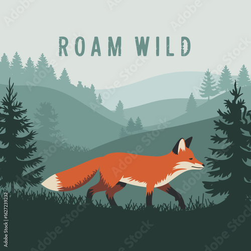A vibrant illustration of a red fox walking through a serene forest landscape with rolling hills and pine trees featuring the text roam wild