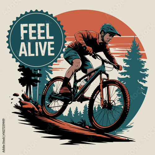 Energetic mountain biker in action on a trail with trees and a sunset conveying a feeling of freedom and adventure with the text feel alive