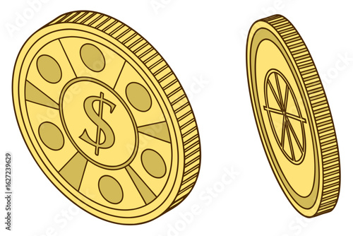 Vector art of two golden coins are displayed representing wealth and success in financial investments and business ventures