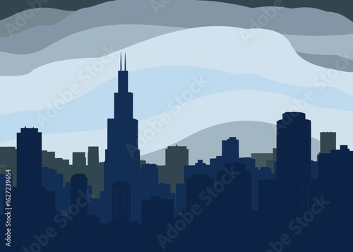 Modern abstract city skyline with layered blue and grey abstract shapes in background