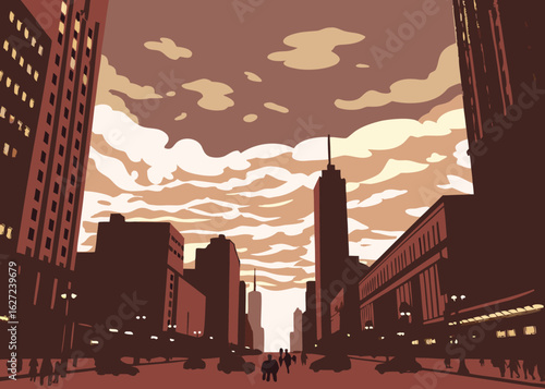 Stunning cityscape at dusk with dramatic clouds and silhouetted skyscrapers creating urban energy