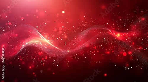 Abstract red background with vibrant color scheme, featuring golden-white glitter particles and light streaks forming wave trajectories, dotted with bokeh circles and white dust-like particles, creati