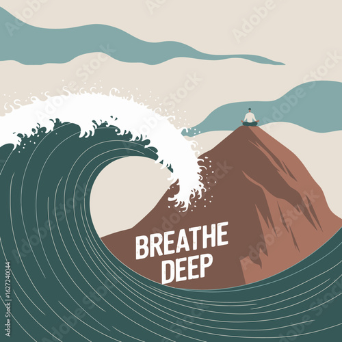 Billede på lærred A powerful ocean wave crashes against a rocky island with the words breathe deep