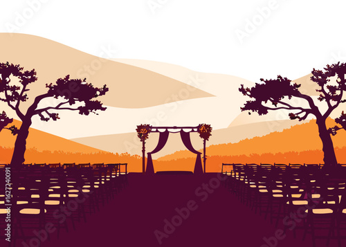 Stunning outdoor wedding ceremony setup with floral arch and seating, serene landscape backdrop